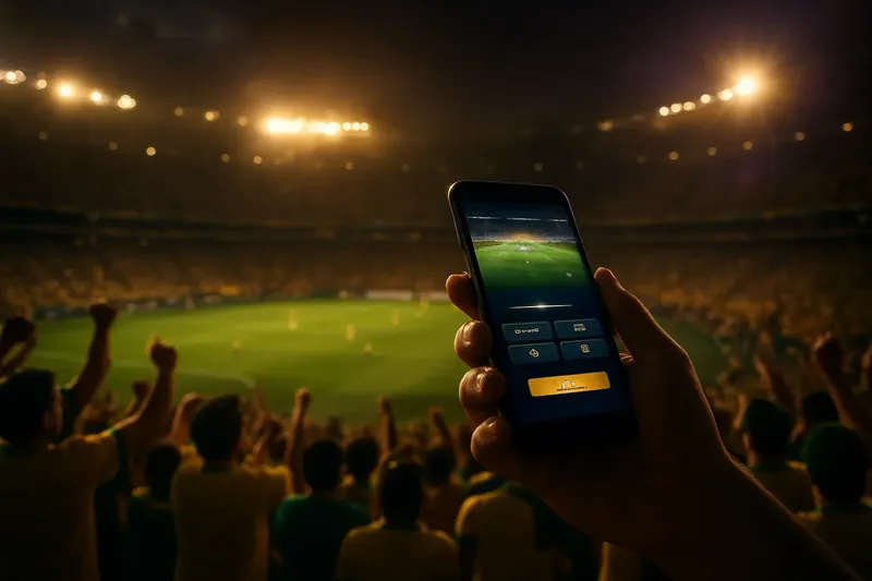 Torcida em estádio lotado à noite com smartphone exibindo aposta ao vivo