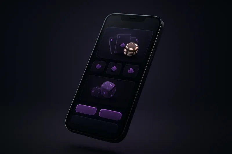 App De Cassino Premium Smartphone moderno flutuando com app de cassino escuro e botões roxos