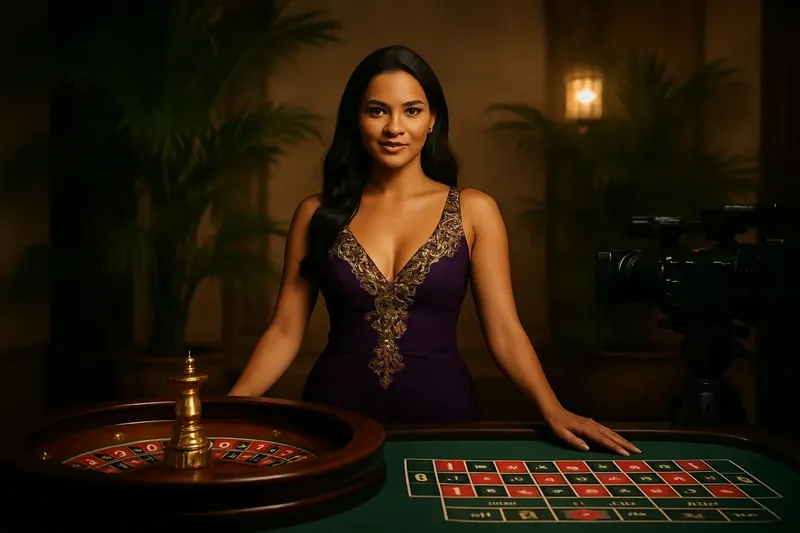 Estúdio de cassino ao vivo com dealer brasileira na roleta luxuosa