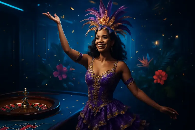 Cassino Brasileiro Premium Mulher brasileira confiante em traje de carnaval ao lado da roleta