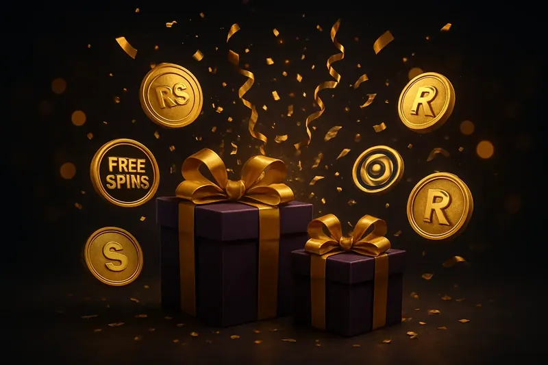 Promoções De Cassino Caixas douradas, confetes roxos e dourados, fichas de giros grátis e cashback